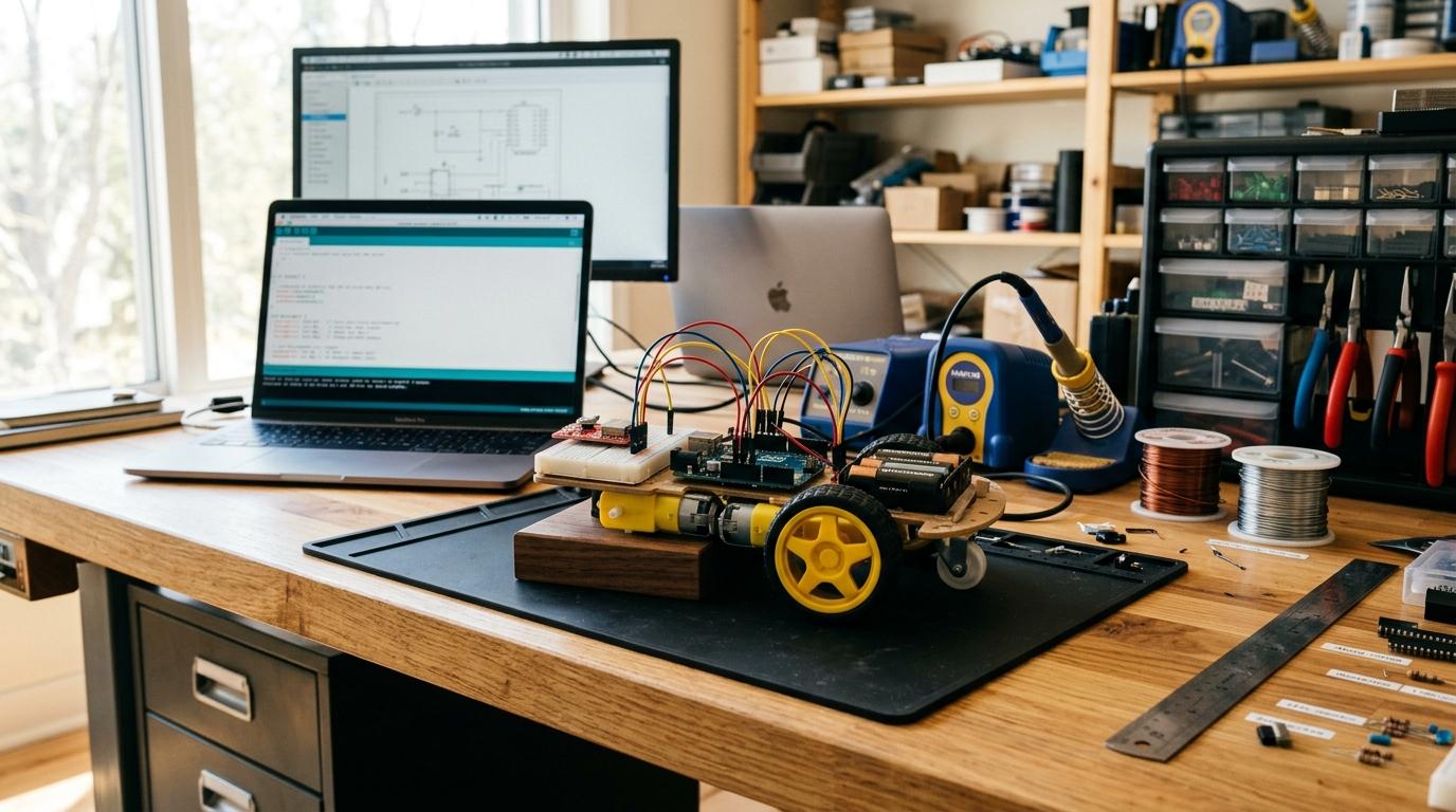 Wheeled robot kit on a wooden desk with tools and laptop